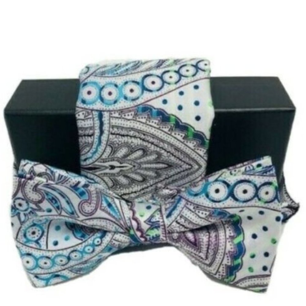 Barcelona Men's Bow Tie Hanky Silver Blue Burgundy Teal Green Microfiber Pretied